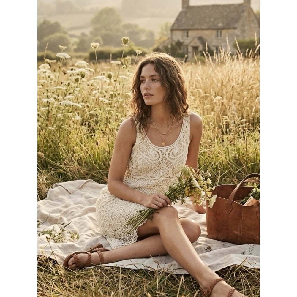 Lauren Conrad Cream Cotton Crochet Mini Dress Small Romantic Whimsy Cottagecore‎